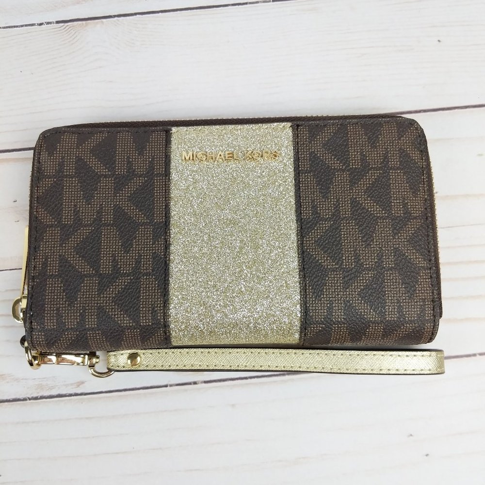 Michael Kors Wallet Center Stripe Gold Brown Logo Metallic